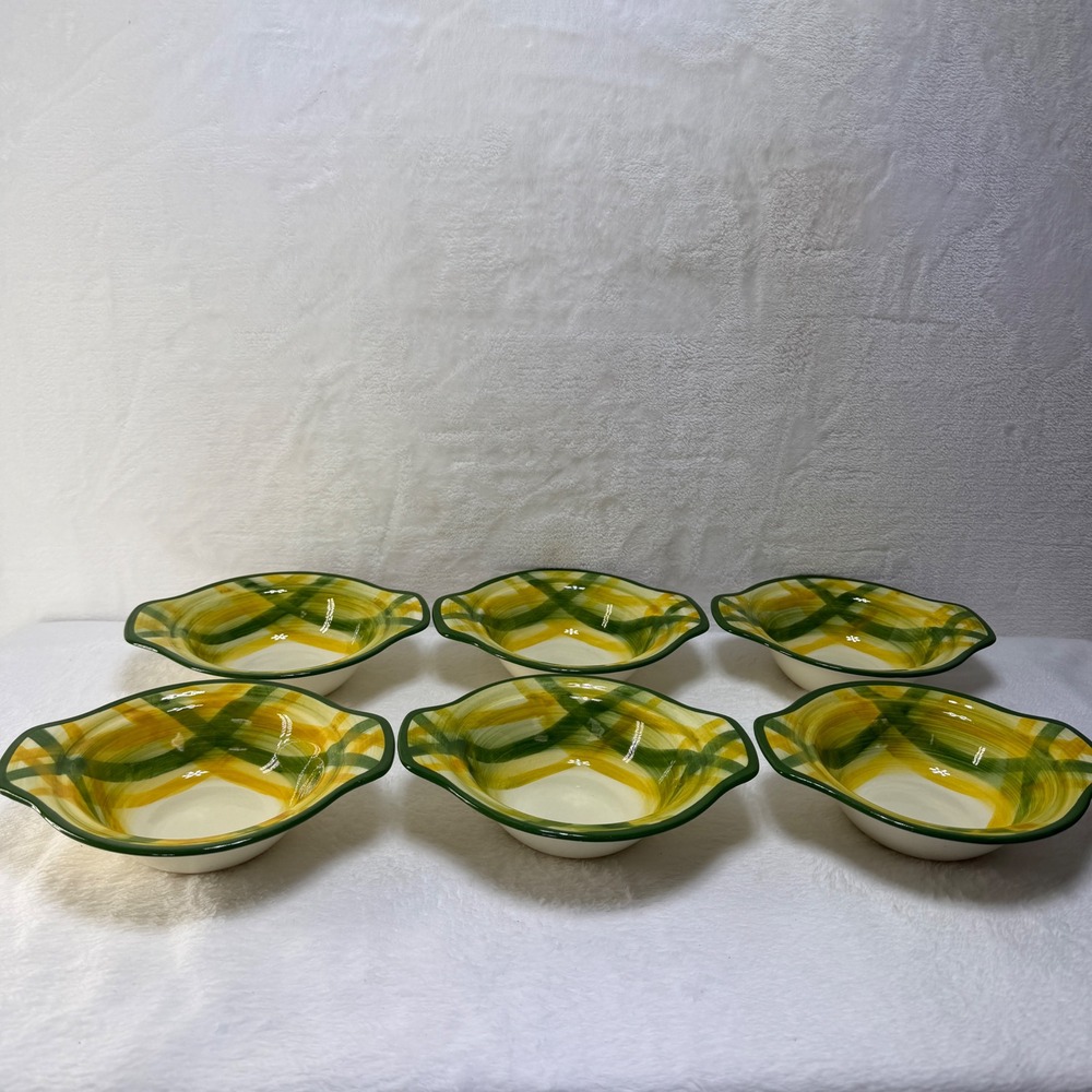 6 Green Vernonware Gingham Metlox Poppytrail Vernon Lugged Chowder Bowls 7" VTG